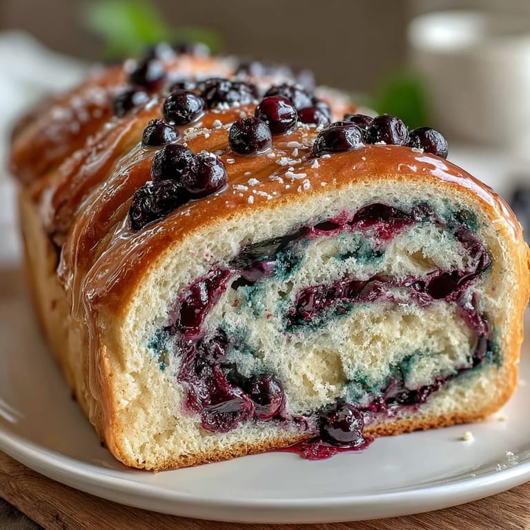 Tangy Lemon Blueberry Sourdough Swirl Bread Loaf with tender crumb and glistening lemon glaze, ideal for sweet morning cravings.