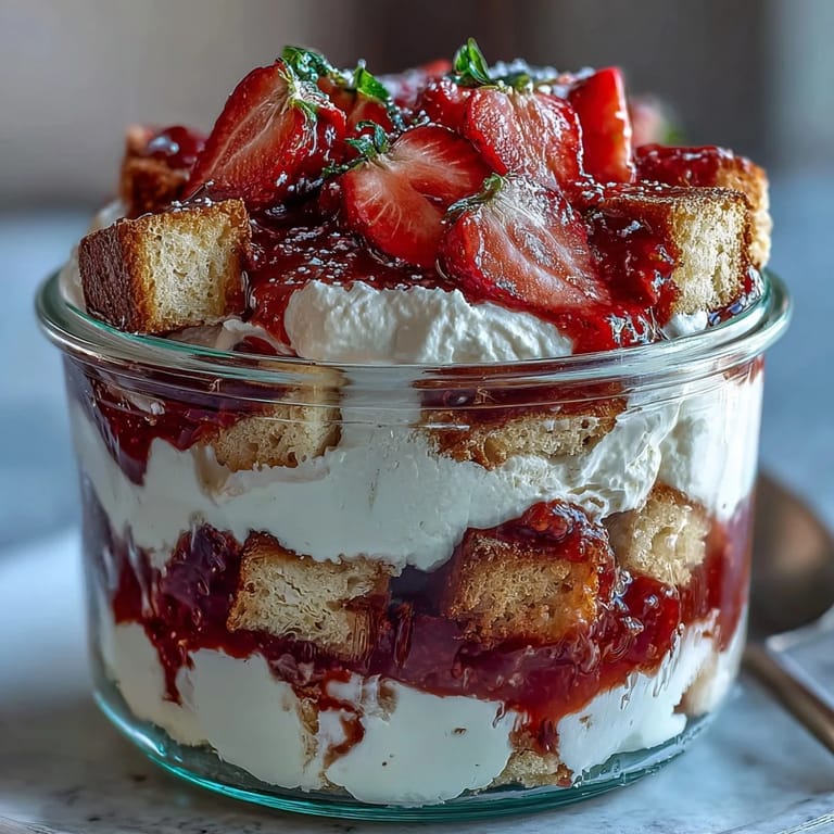 Layered mason jar dessert featuring golden shortcake cubes, sweet strawberries, and fluffy vanilla whipped cream, ideal for picnics and parties.