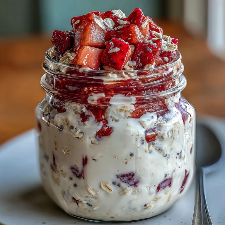 Layered strawberry protein overnight oats in mason jars, topped with fresh berries and crunchy sliced almonds.