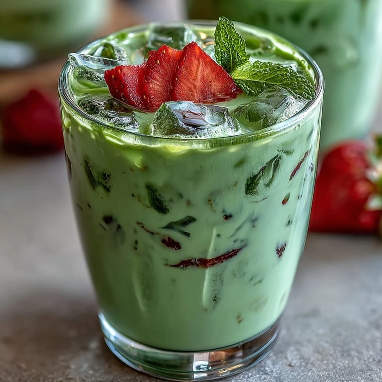 Refreshing iced strawberry matcha latte featuring sweet fruit puree, frothy matcha, and cold milk over ice cubes, perfect for summer.
