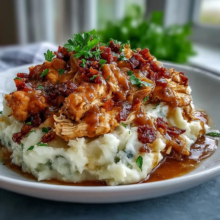 Comforting Slow Cooker Mississippi Chicken with Garlic Mashed Potatoes, featuring zesty ranch-seasoned chicken over smooth, garlicky mashed potatoes.  