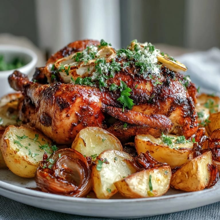 Lemon Herb Roasted Chicken and Potatoes with golden skin, crispy edges, and vibrant lemon slices, surrounded by savory roasted vegetables.