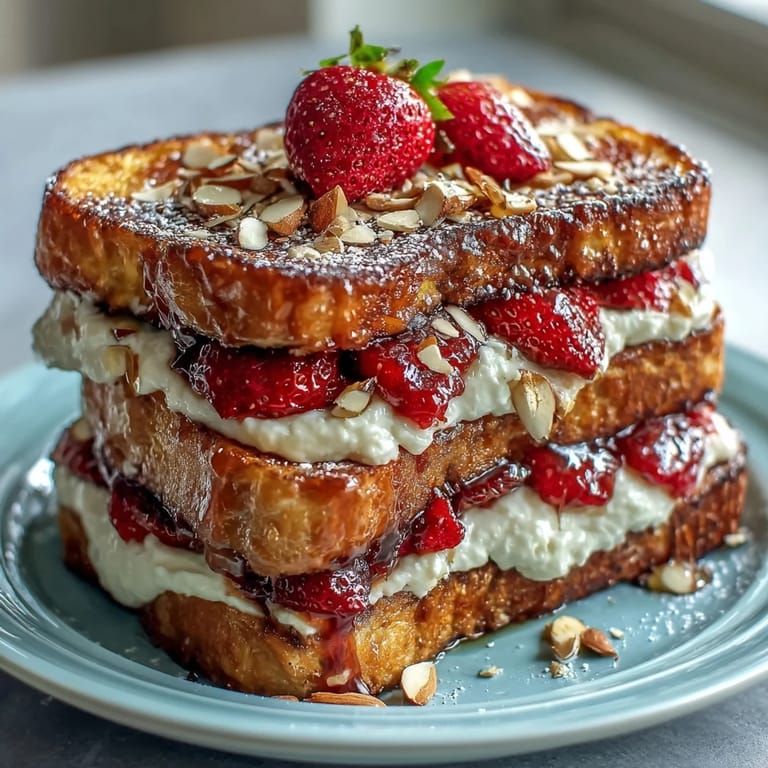 Make-ahead strawberry French toast casserole featuring sweet strawberries, sliced almonds, and a rich vanilla custard baked to golden perfection.  