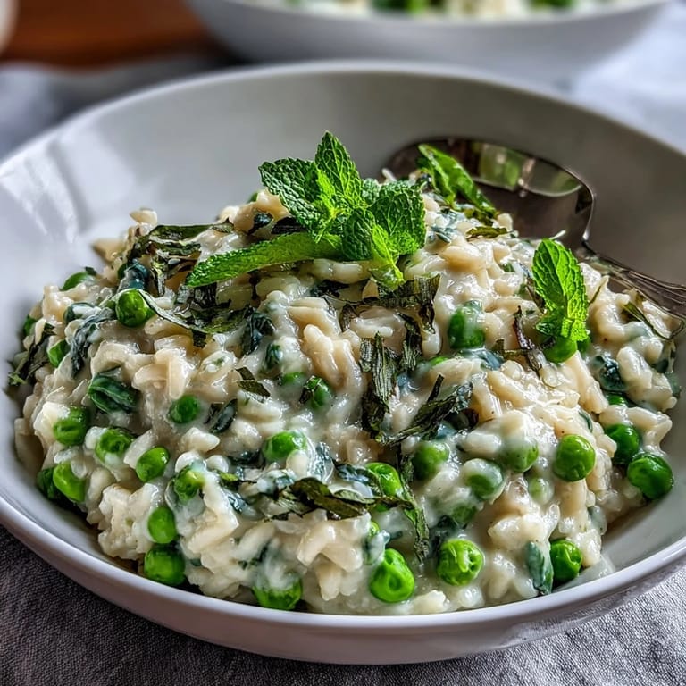 Spring pea and mint risotto with Parmesan, served in a white bowl, garnished with lemon zest and extra mint leaves for a fresh finish.