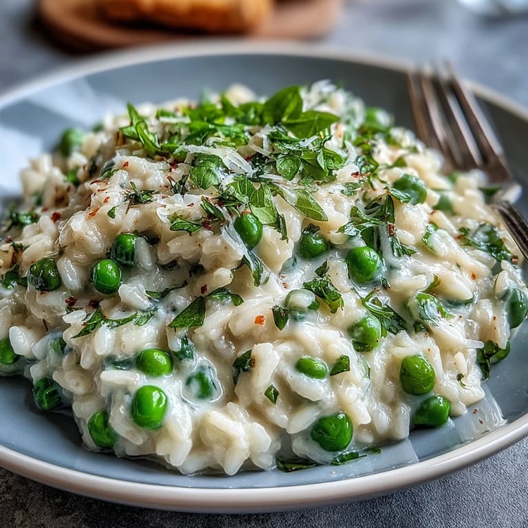 Creamy risotto with tender Arborio rice, green peas, and fresh mint, finished with Parmesan and served in a rustic bowl for a spring dinner party.
