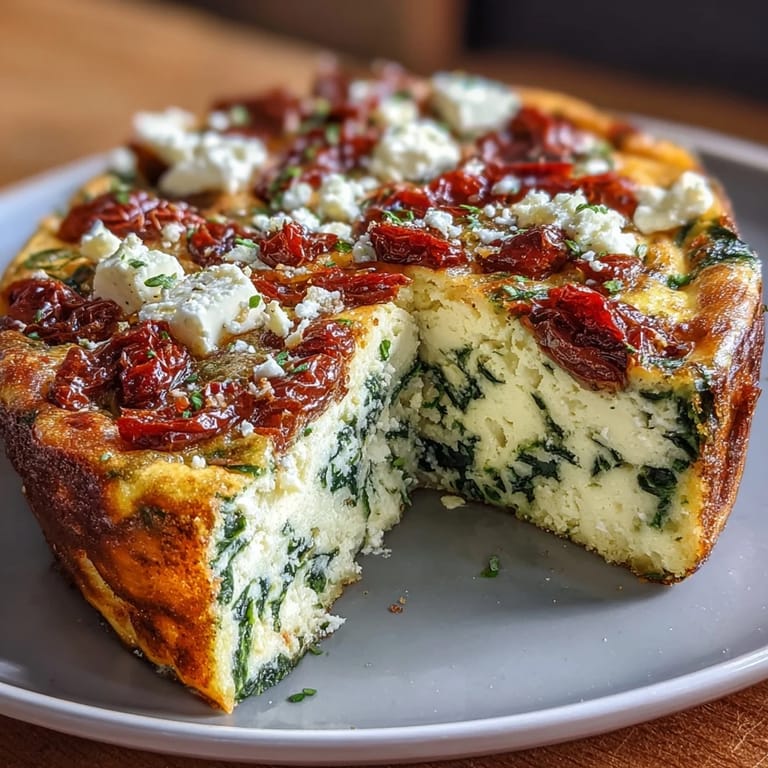 Savory frittata packed with tender spinach, creamy feta, and sweet-tart sun-dried tomatoes, served warm from the oven for a satisfying vegetarian meal.