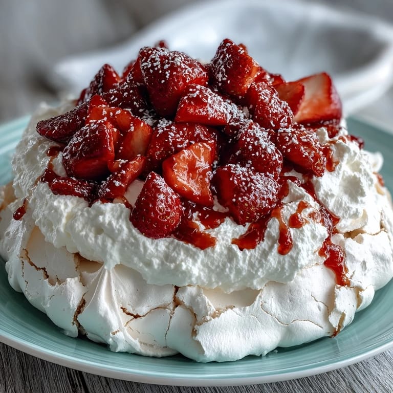 3. Enjoy a delightful strawberry pavlova with a delicate, crisp crust, creamy whipped topping, and ripe, macerated strawberries.