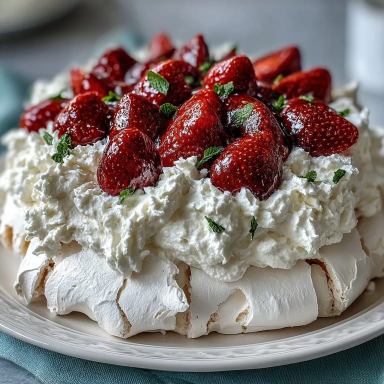 2. This classic dessert features a light and airy pavlova, crowned with sweet whipped cream and vibrant red strawberries.