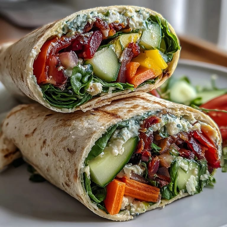 Vibrant whole wheat wraps bursting with fresh, crunchy vegetables and creamy hummus, ideal for a nutritious on-the-go meal.