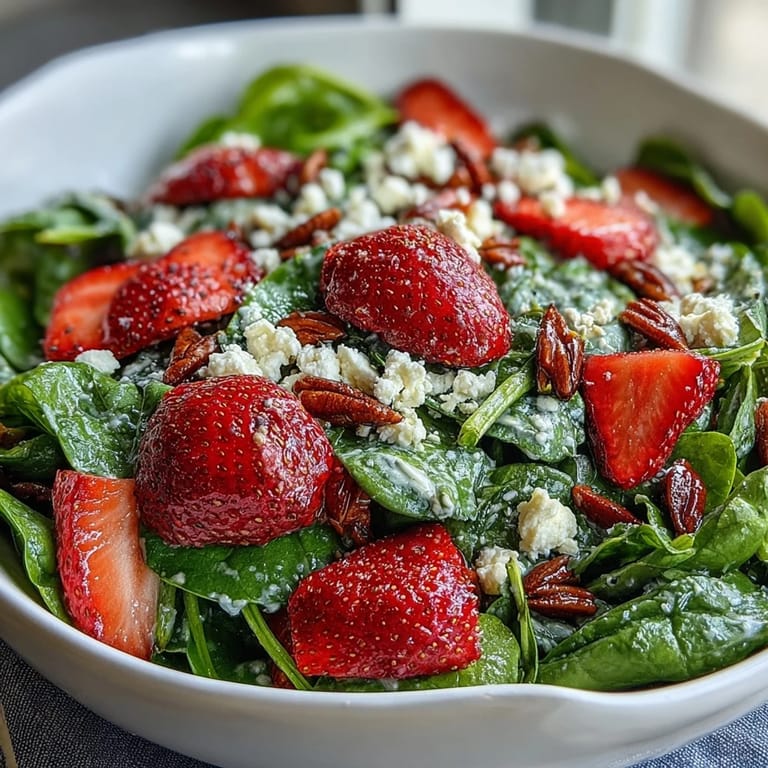 A colorful strawberry spinach salad with poppyseed dressing, featuring sweet berries, tangy feta, and toasted almonds for a refreshing, balanced bite.