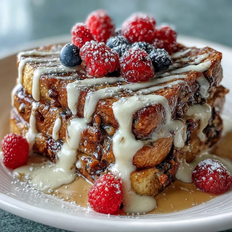 A comforting Mothers Day brunch casserole with layers of pancakes, fresh berries, and rich custard, served warm.