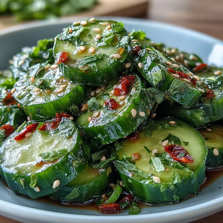 A vibrant Asian Cucumber Salad with Sesame and Rice Vinegar, featuring thinly sliced cucumbers in a zesty, savory dressing, ideal for hot summer days or as a healthy side.