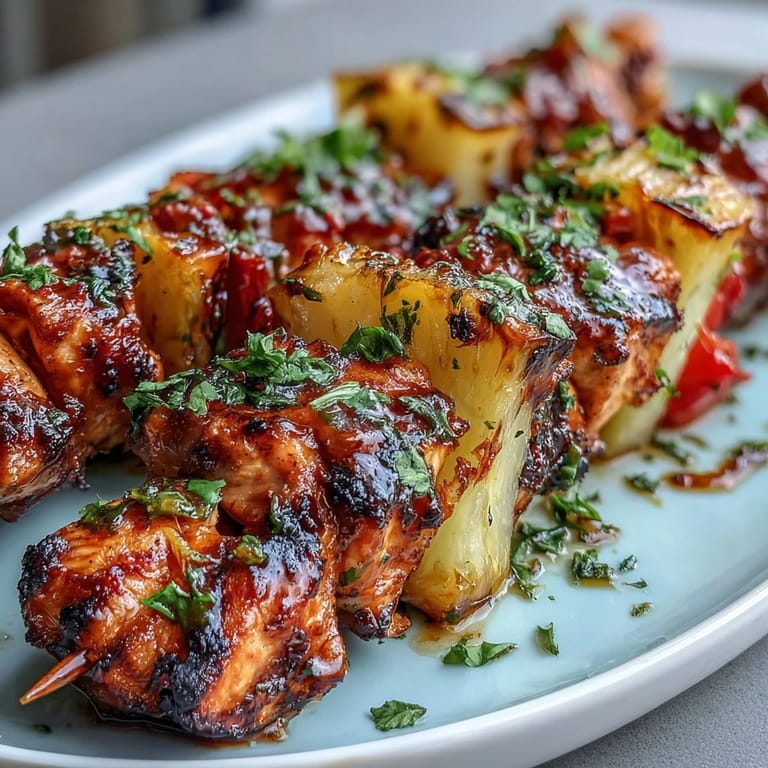Grilled Pineapple Chicken Skewers with colorful peppers and onions sizzling on the barbecue.