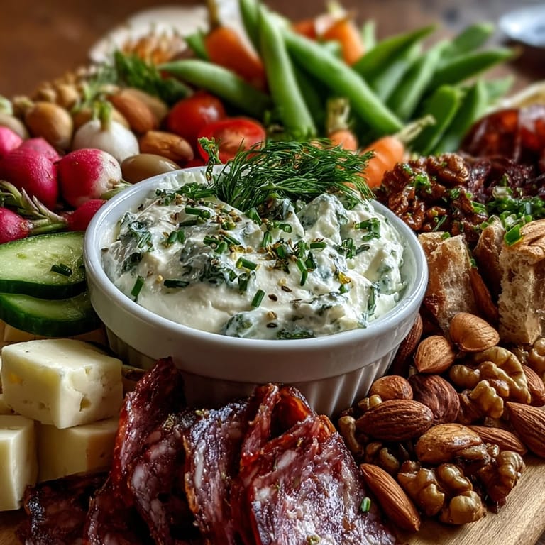 Vibrant spring charcuterie board featuring crisp radishes, sweet peas, and herb dip for a light appetizer.