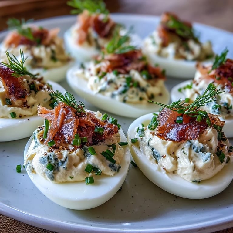 Delicious smoked salmon deviled eggs garnished with fresh dill and everything seasoning—perfect for parties and elegant appetizers.