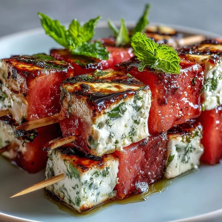 Refreshing summer appetizer skewers featuring sweet watermelon, salty feta, and fresh mint, perfect for outdoor parties and picnics.