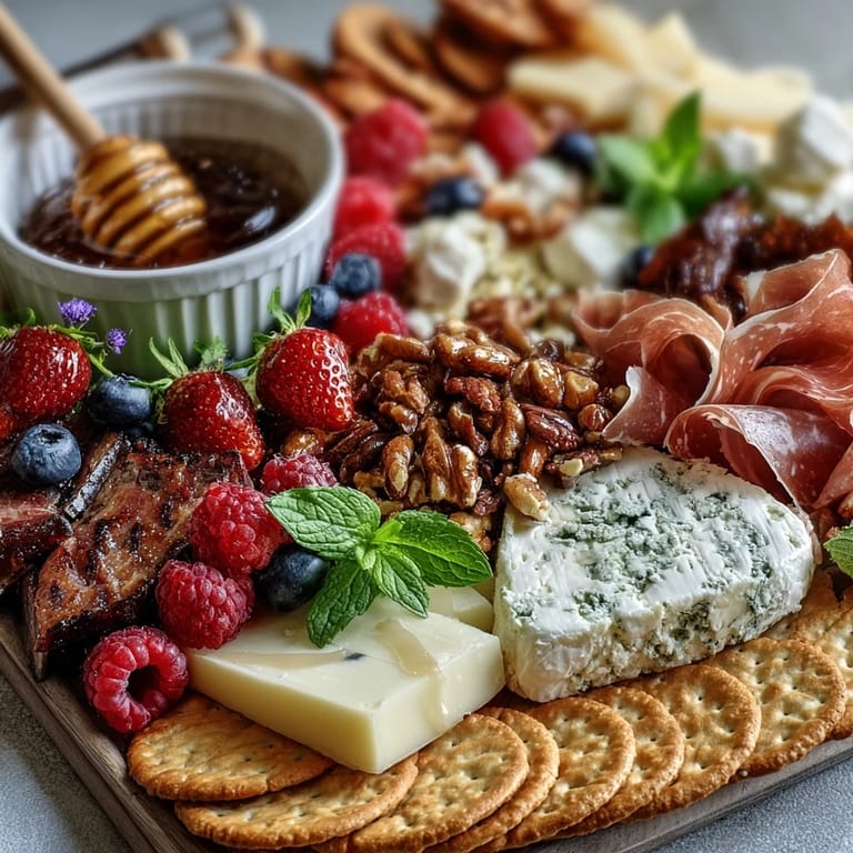 Elegant charcuterie board with edible flowers and fruits, showcasing a colorful mix of cheeses, meats, berries, and delicate edible blooms for a stunning spring spread.