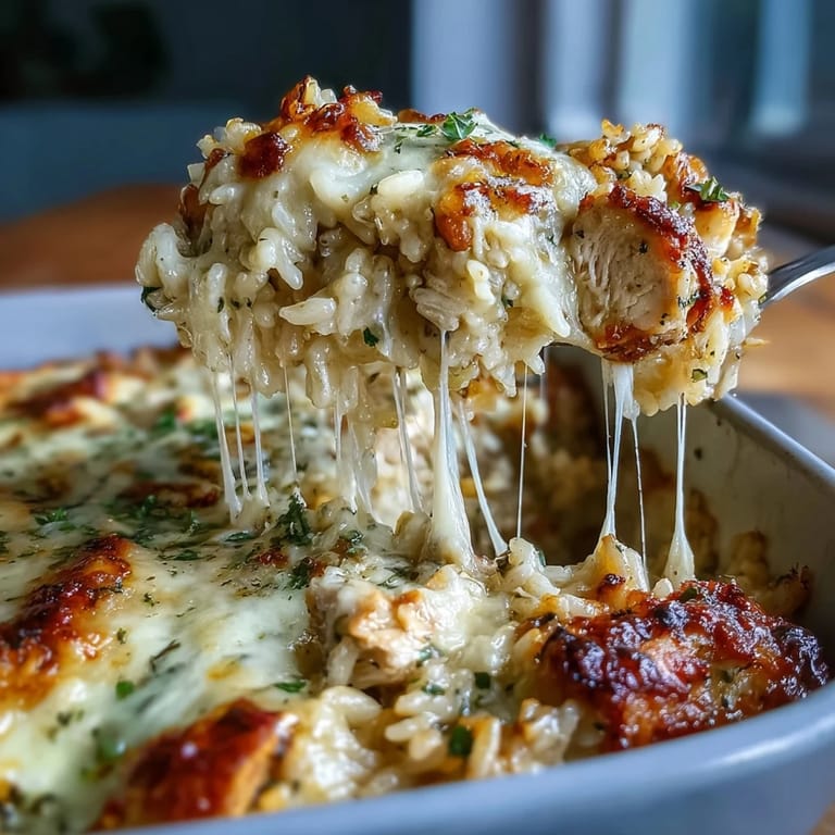 A spoon scoops creamy Creamy Garlic Chicken & Rice Casserole, revealing tender chicken and rice inside.