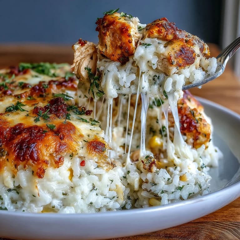 Close-up of a serving of Creamy Garlic Chicken & Rice Casserole on a plate with fresh herbs.