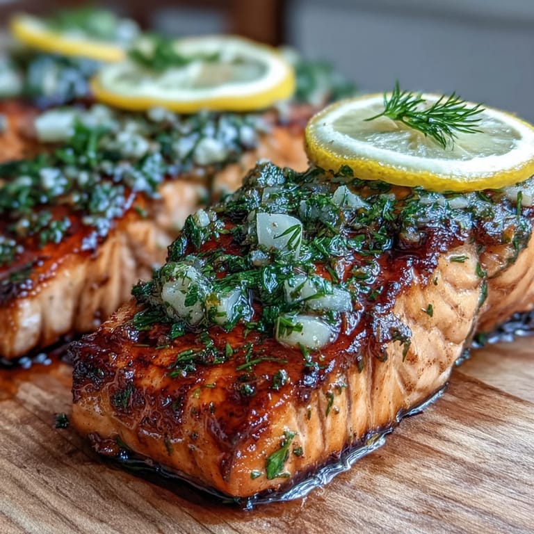 Grilled cedar plank salmon with garlic dill, tender and flaky, plated on aromatic wood with citrus accents.