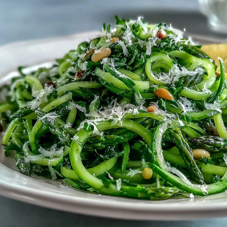 Fresh asparagus shaved into ribbons, dressed with lemon vinaigrette, and garnished with Parmesan for a bright, elegant salad.  