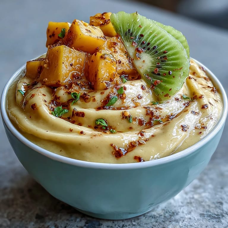 Close-up of a colorful Mango Chili Lime Smoothie Bowl, ready to be enjoyed.