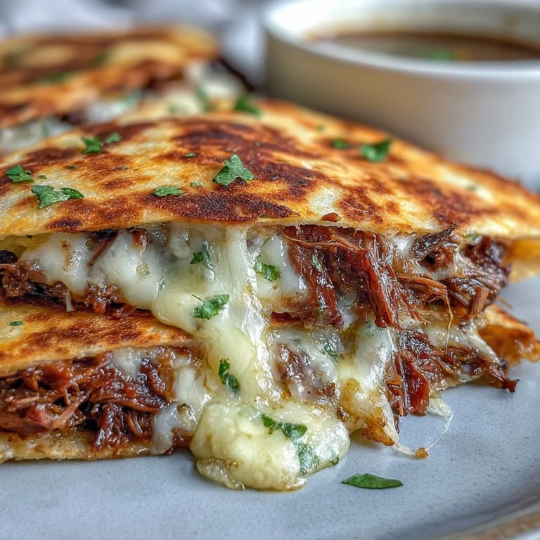 Juicy slow-cooked birria beef folded into golden quesadillas, paired with a savory Mexican consommé for an authentic Cinco de Mayo feast.  