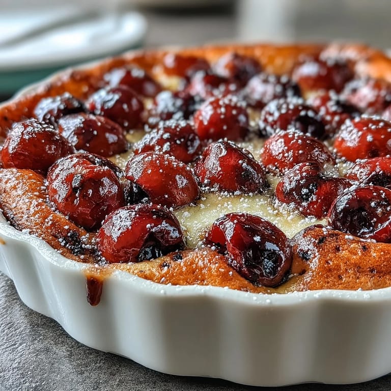 Slice of luscious Fresh Cherry Clafoutis, vibrant with sweet cherries and creamy batter.