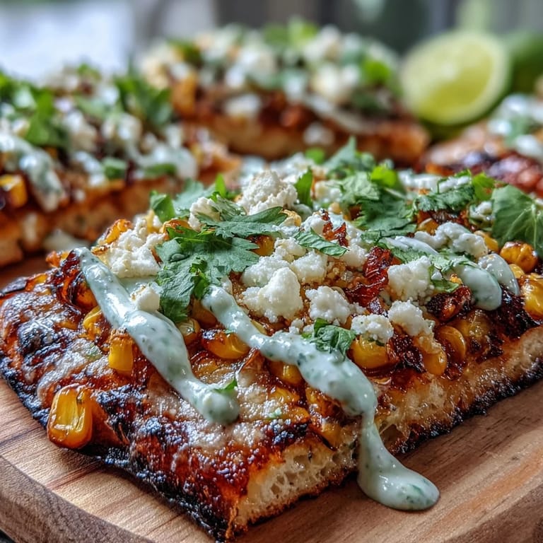 Festive Cinco de Mayo street corn flatbread, ready for drizzling with lime wedge.