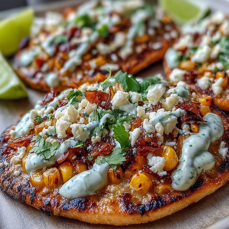 Savory, cheesy street corn flatbread, perfect for easy entertaining and bold flavors.