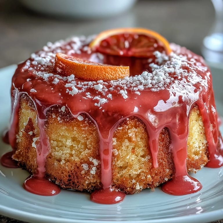Moist Italian-inspired almond and polenta cake infused with fresh blood orange zest, topped with a striking pink glaze.  