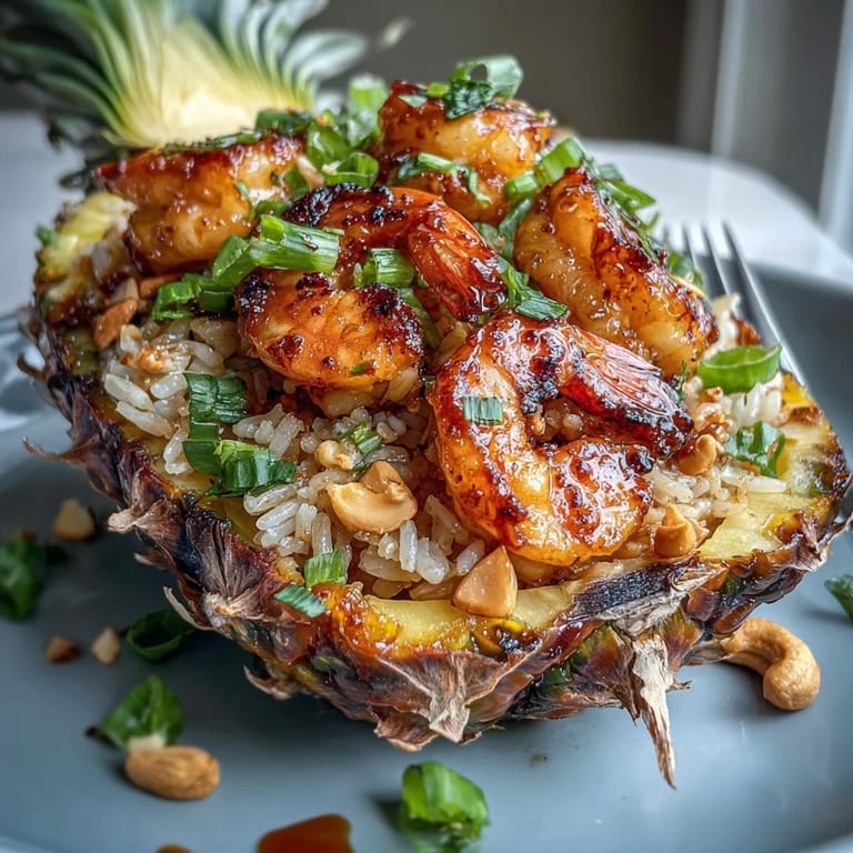 Vibrant Thai pineapple fried rice featuring fragrant jasmine rice, crisp vegetables, and tender shrimp, beautifully arranged inside a fresh pineapple boat.