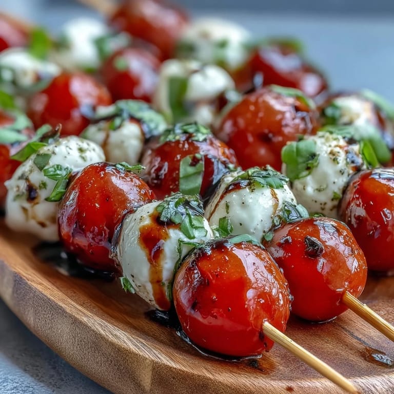 Mini Caprese salad skewers bursting with ripe tomatoes, mozzarella, and basil, drizzled with glaze.