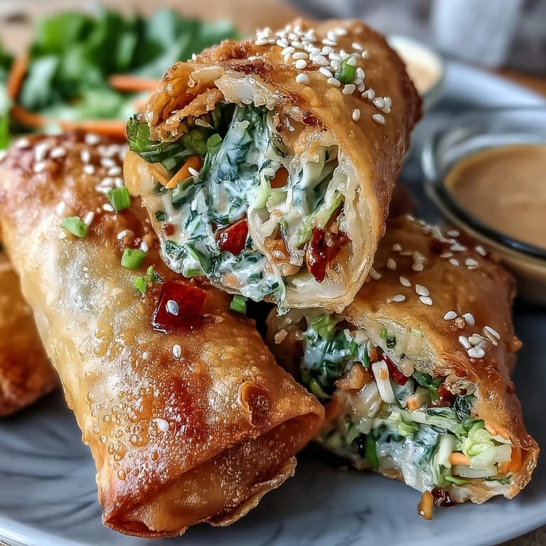 Crunchy golden spring rolls filled with cabbage, carrots, and noodles, paired with rich peanut sauce.  