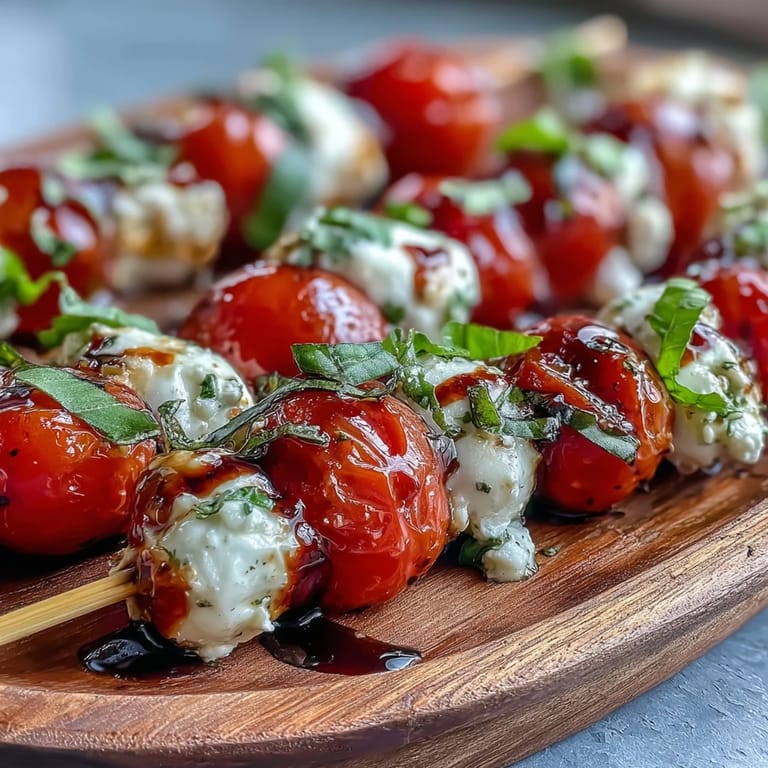 Colorful mini Caprese skewers featuring juicy tomatoes, creamy mozzarella, and basil with balsamic.