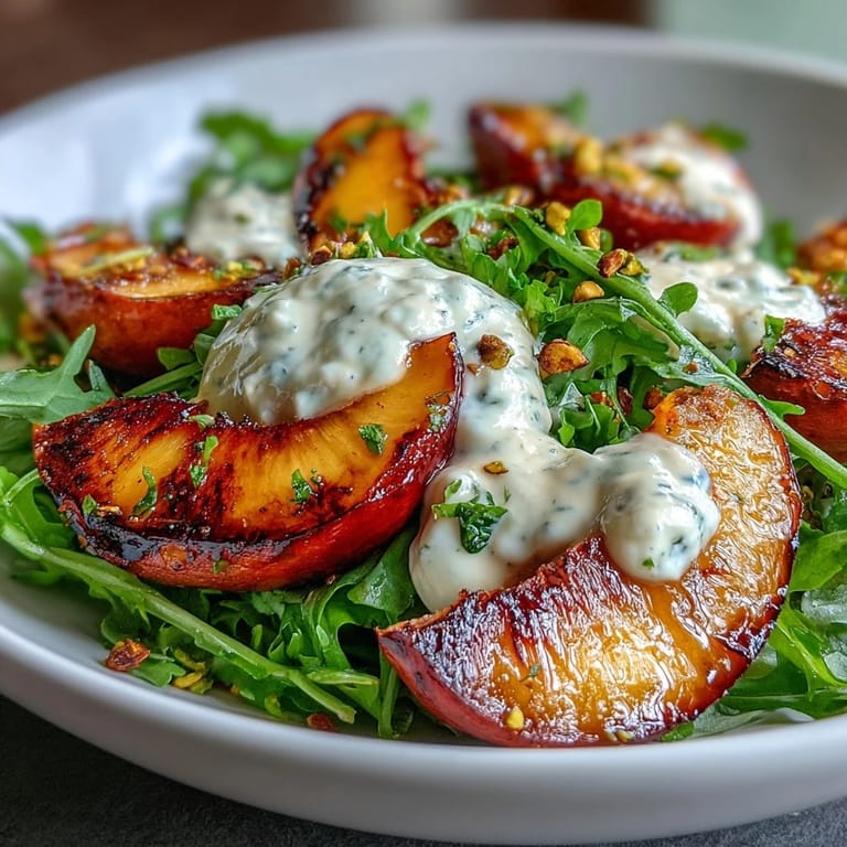 Creamy burrata and sweet grilled peaches atop fresh greens, a perfect summer salad.