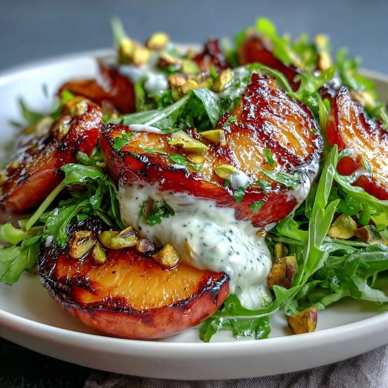 Vibrant grilled peach and burrata salad invitingly garnished with basil and toasted nuts.