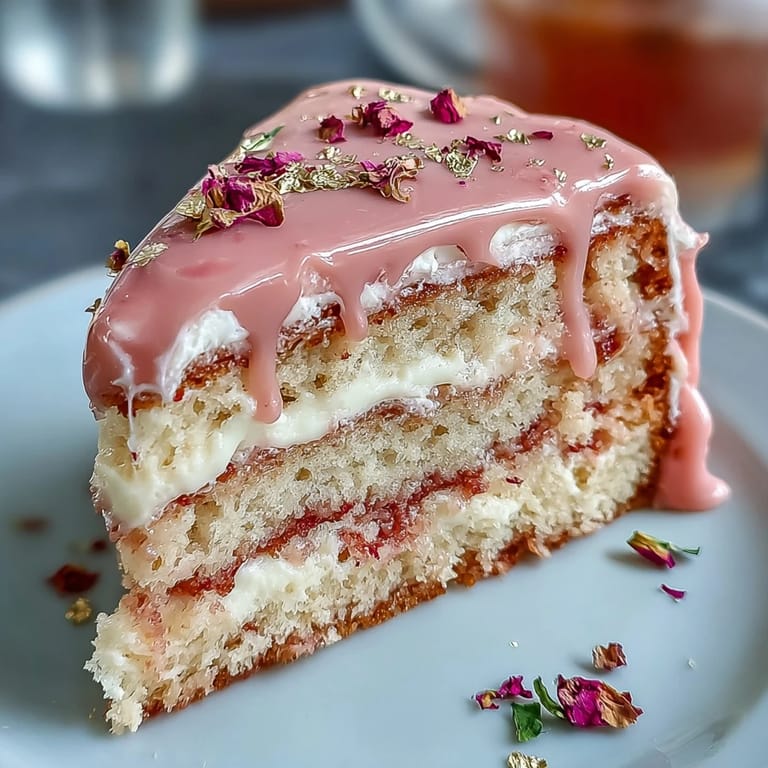 Blush pink Rosé Velvet Cake with creamy frosting and luxurious gold liquid drip.