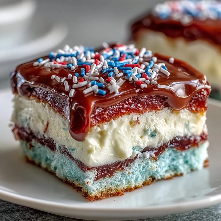 Moist Patriotic Poke Cake swirled with white chocolate ganache and festive toppings.