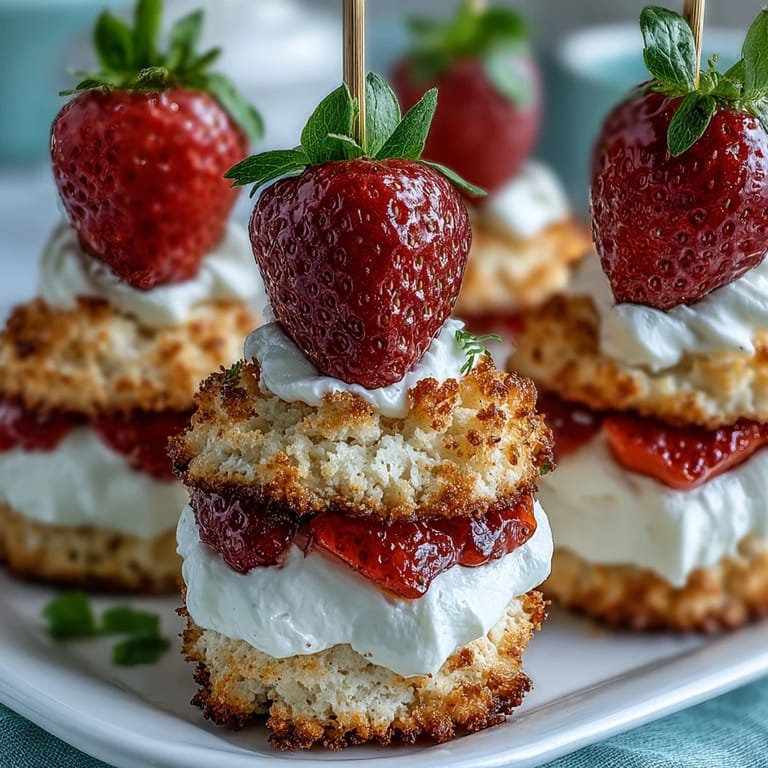 Charming mini shortcakes with fresh strawberries and cream, perfect party dessert skewers.