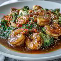 A colorful shrimp stir-fry with crisp bell peppers, broccoli, and carrots in a savory garlic-ginger sauce.