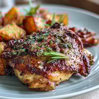 Sheet pan chicken with roasted vegetables, featuring juicy thighs and colorful carrots, bell peppers, and potatoes, all roasted to golden perfection.