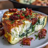 Fluffy spinach and feta frittata with tangy sun-dried tomatoes, baked to golden perfection and perfect for a healthy brunch or light dinner.