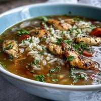 Hearty one-pot chicken and rice soup with tender chicken, carrots, celery, and rice in a savory broth.