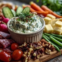 A colorful spring charcuterie board with radishes, peas, and herb dip, perfect for entertaining.  