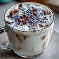 1. Creamy lavender oat milk latte with frothy oat milk, espresso, and floral lavender syrup in a cozy mug.