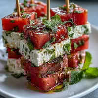 Vibrant watermelon feta mint skewers with juicy melon cubes and creamy cheese on bamboo picks, drizzled with balsamic glaze.