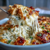 Golden bubbling Creamy Garlic Chicken & Rice Casserole fresh from the oven, with a crispy cheese top.