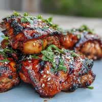 Honey Sriracha Grilled Chicken Thighs sizzling on the grill, glazed with a sweet and spicy honey sriracha sauce, garnished with fresh cilantro and sesame seeds.