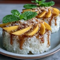 Sweet Mango Sticky Rice Cups with creamy coconut sauce, a delightful Thai dessert.